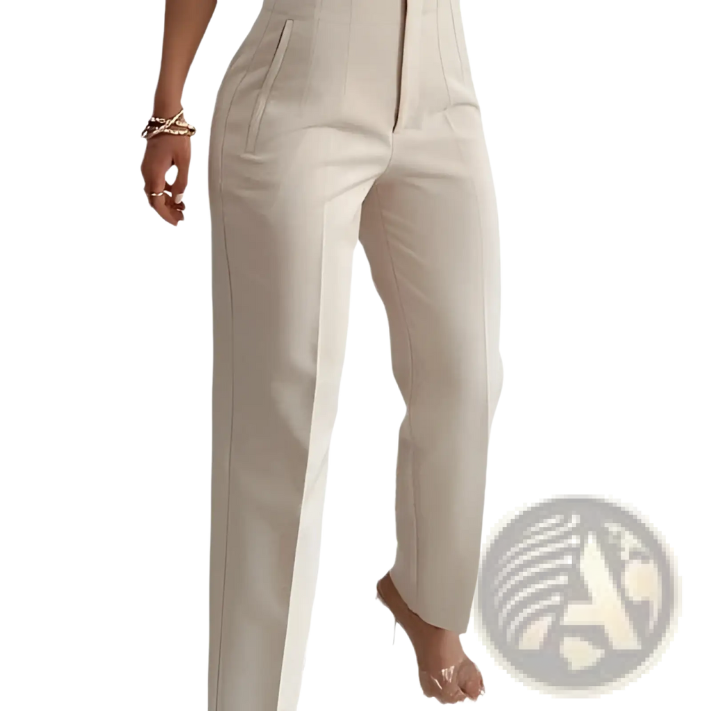 Cream-colored high waist pleated straight leg trousers with a tailored fit and subtle front pleats