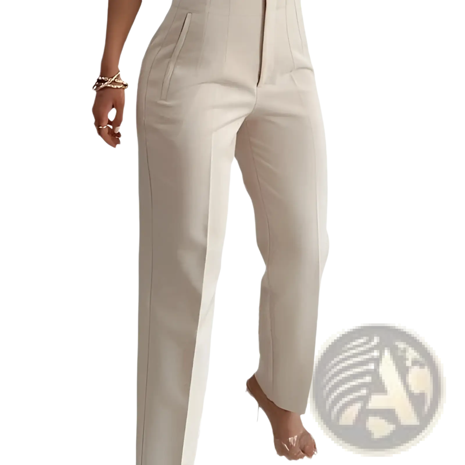 Cream-colored high waist pleated straight leg trousers with a tailored fit and subtle front pleats