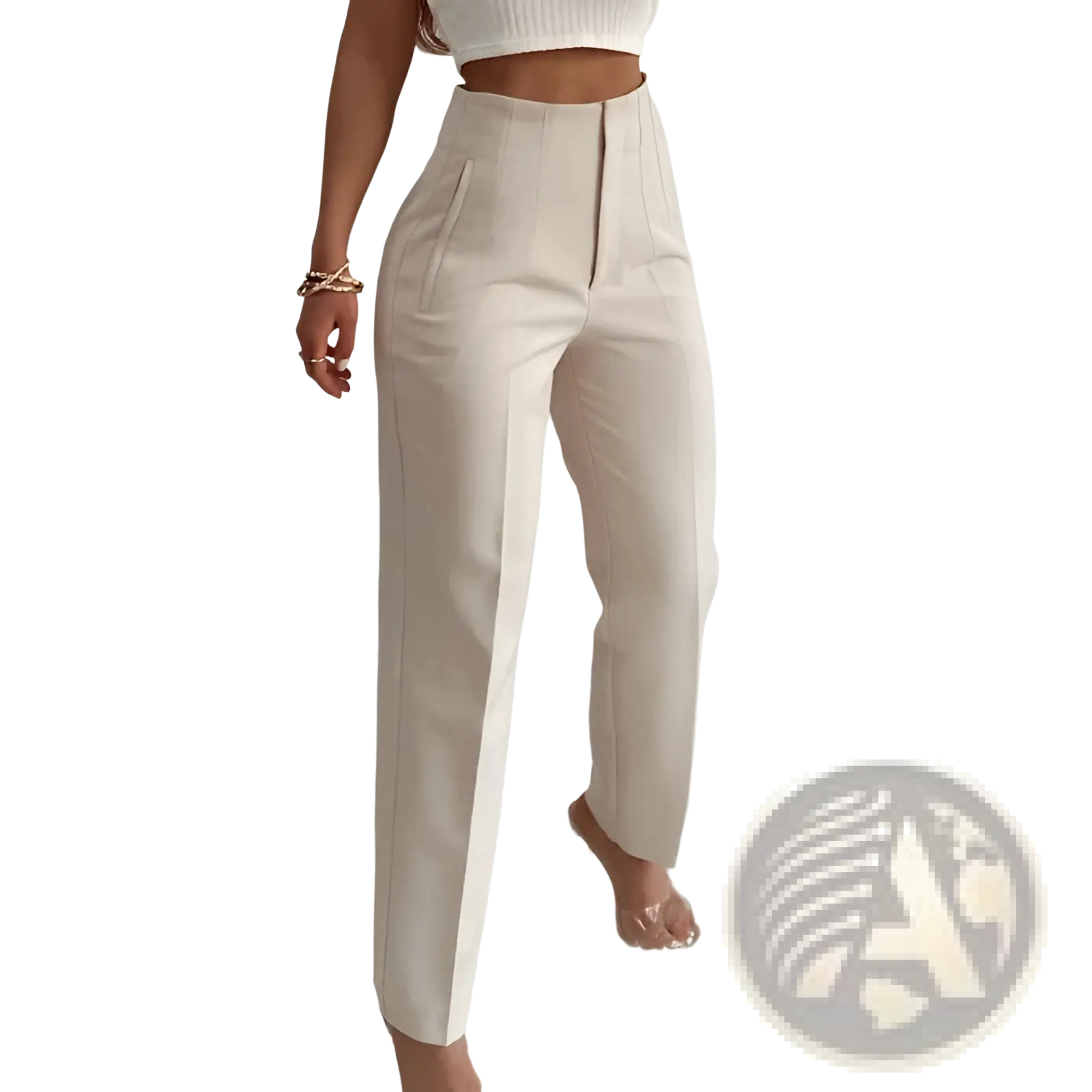 High waist pleated straight leg trousers in beige with a tailored fit and subtle front pleats