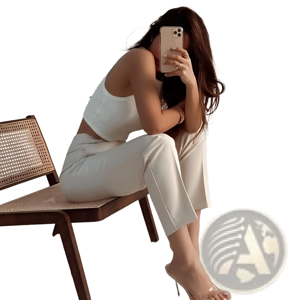 A woman wearing white high waist pleated straight leg trousers and a crop top seated on a wooden cane chair
