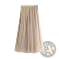 Beige high waist pleated tulle midi skirt with smooth elastic waistband made from soft lightweight fabric