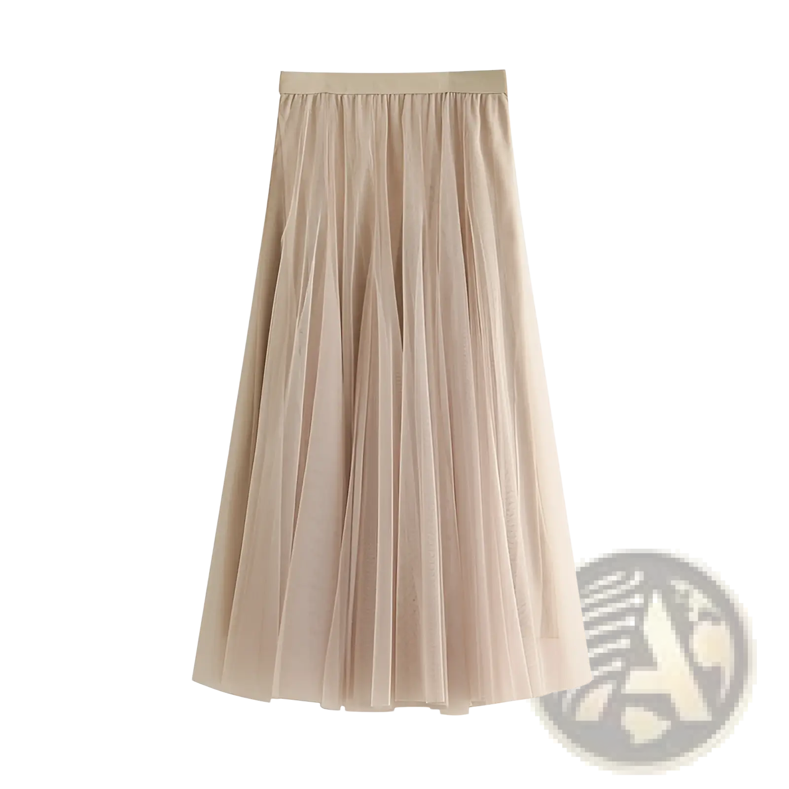 Beige high waist pleated tulle midi skirt with smooth elastic waistband made from soft lightweight fabric