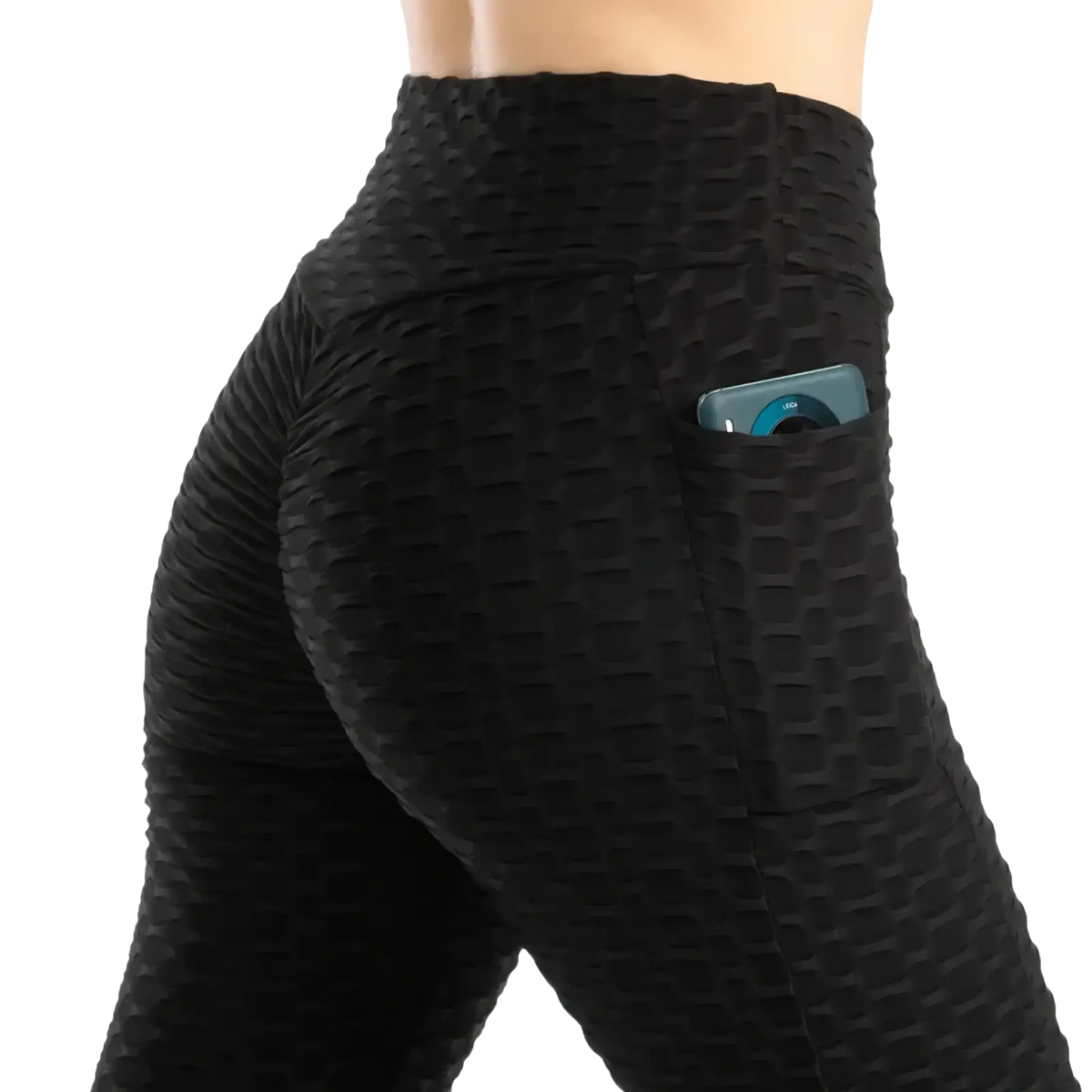 Black textured high waist pocket bubble leggings featuring a built-in side pocket holding a phone