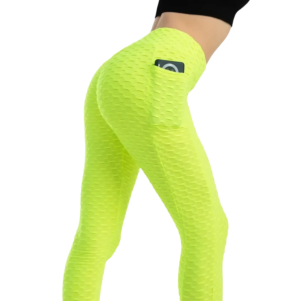 High waist pocket bubble leggings in bright neon green textured fabric with side pocket for activewear use