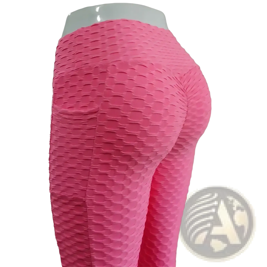 High waist pocket bubble leggings in bright pink with a textured honeycomb pattern for comfortable activewear