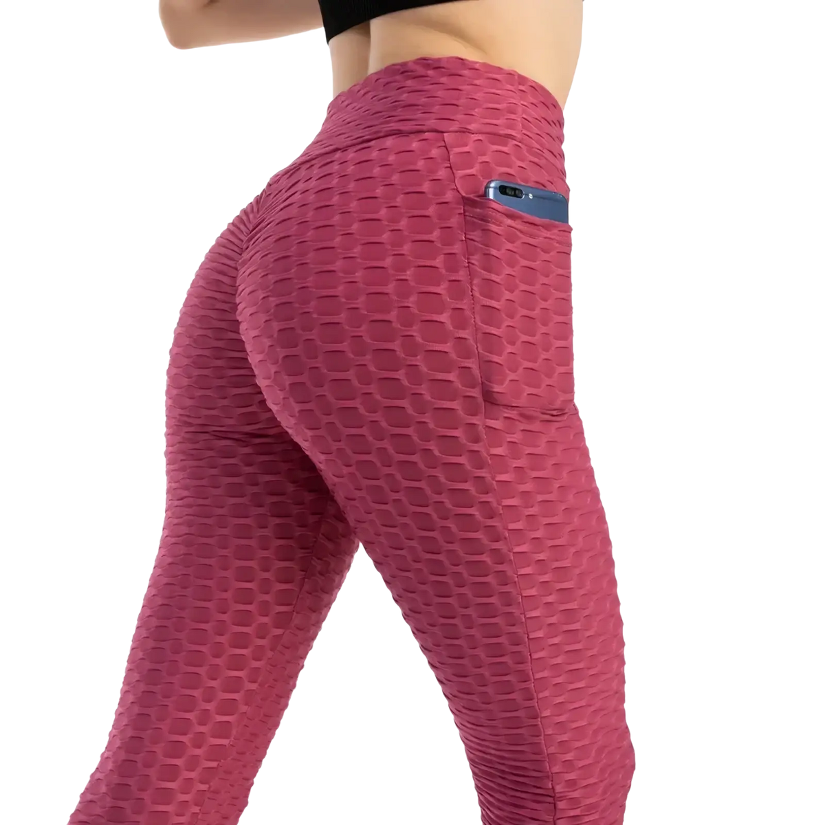 High waist pocket bubble leggings featuring pink textured honeycomb pattern and side pocket for convenience