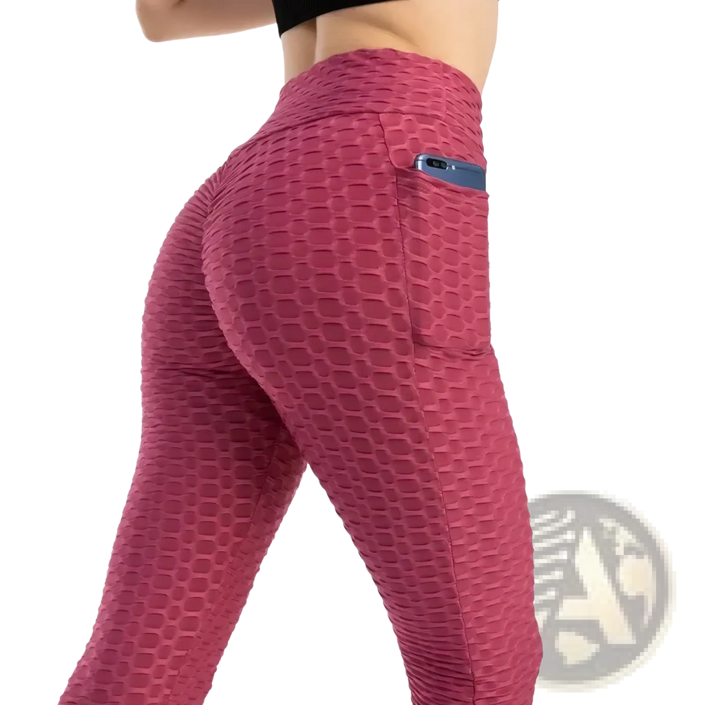 High waist pocket bubble leggings in pink textured honeycomb fabric featuring a side pocket for convenience