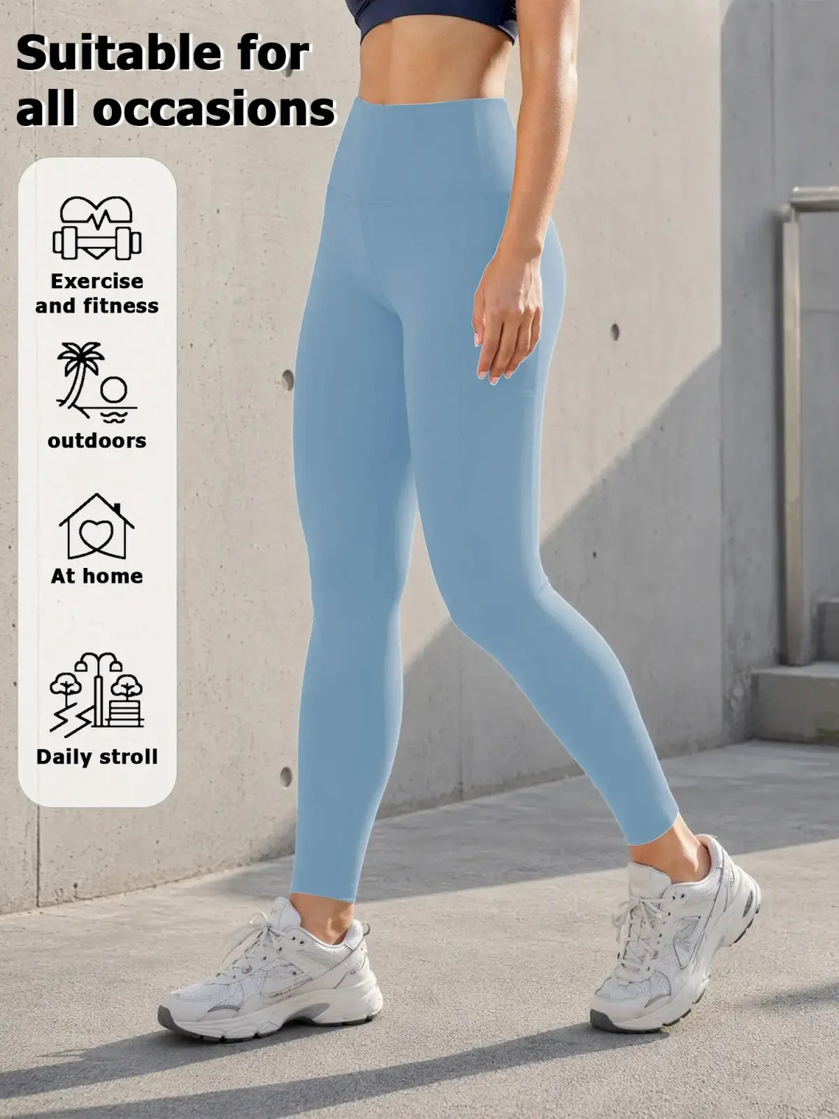 Light blue high waist pocket leggings for women made of stretchy form-fitting fabric for active yoga pants