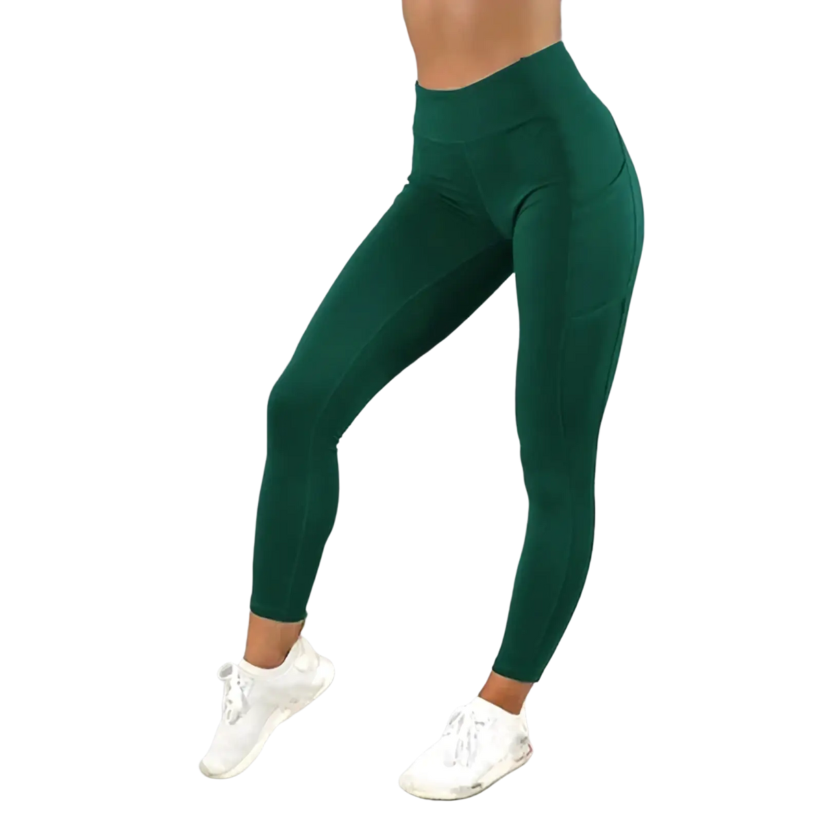 Deep green high waist pocket workout leggings for women with a sleek form-fitting design and subtle side seam detailing