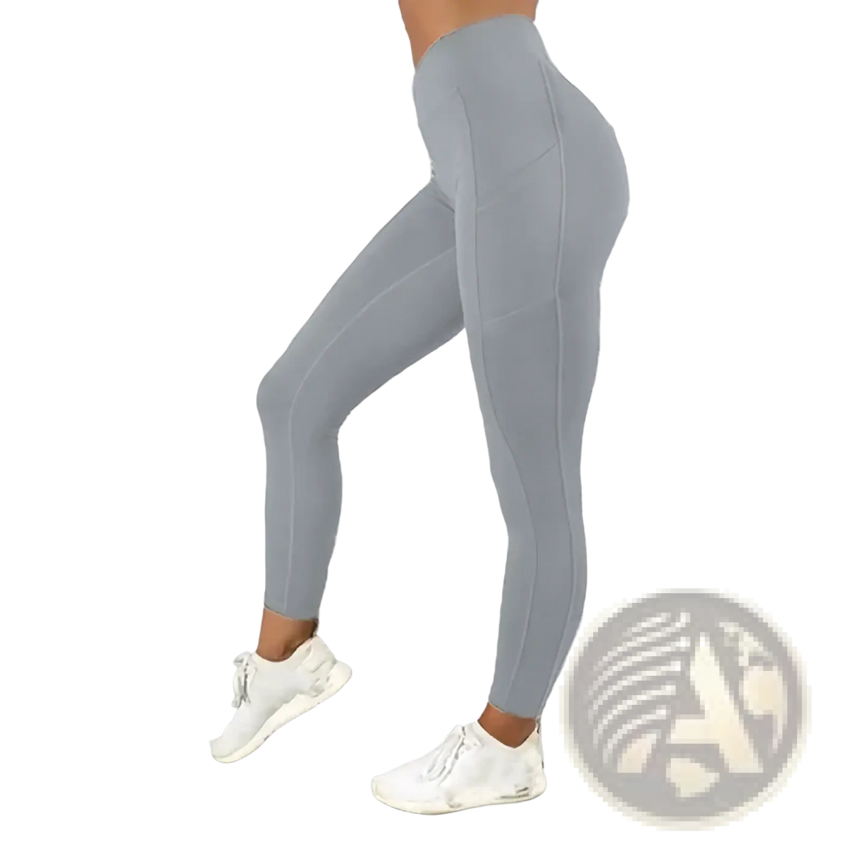 Light gray high waist pocket workout leggings for women with sleek form-fitting design and subtle side seam detailing
