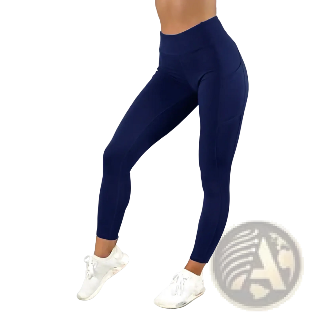 Navy blue high waist workout leggings for women with side pockets and sleek form fitting design