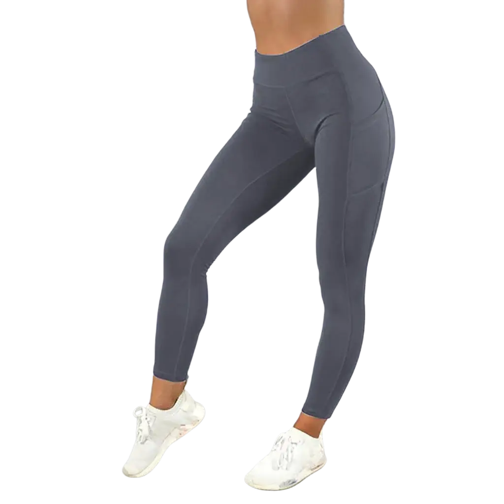High waist dark gray workout leggings for women with a sleek form-fitting design and functional side pockets
