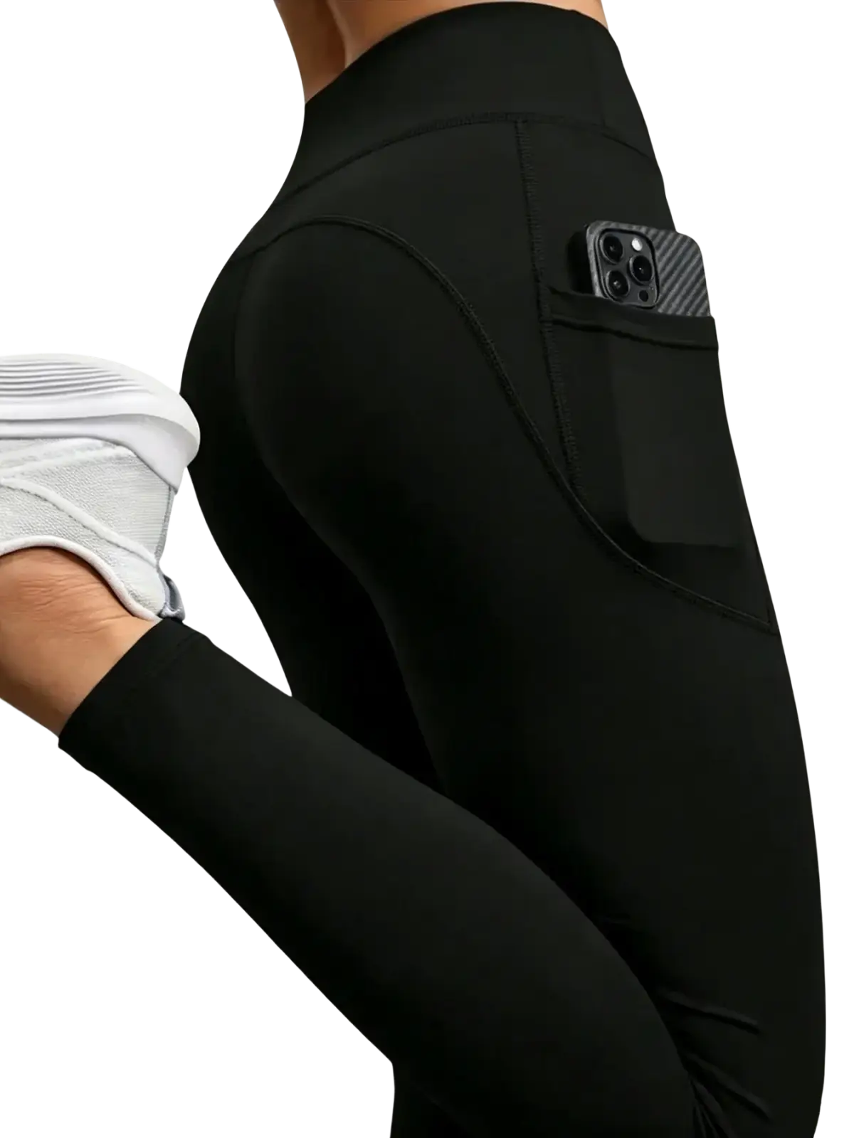 Black high waist pocket yoga leggings with sleek form fitting design and a side pocket holding a smartphone