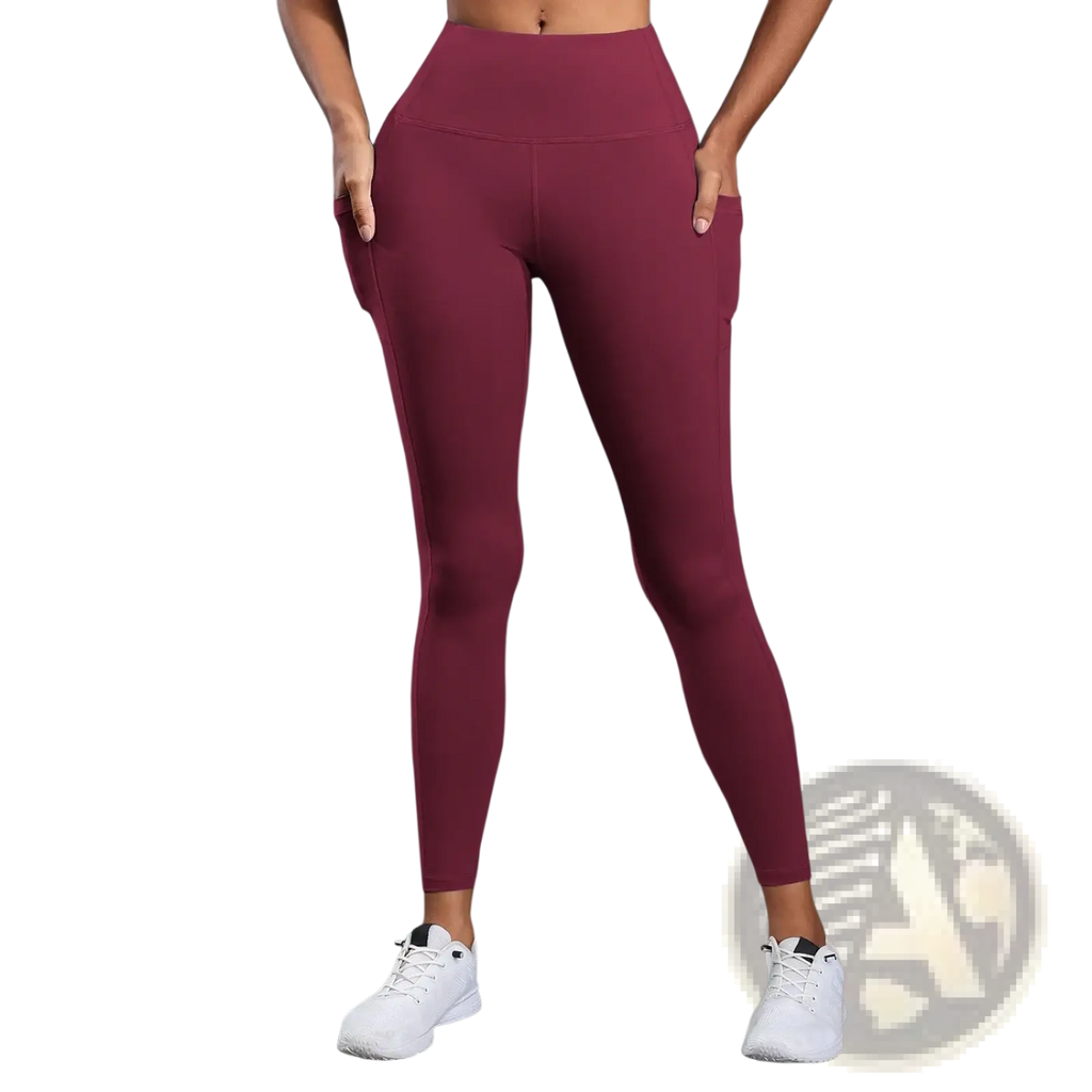 Maroon high waist pocket yoga leggings with smooth stretchy fabric and side pockets for comfortable wear