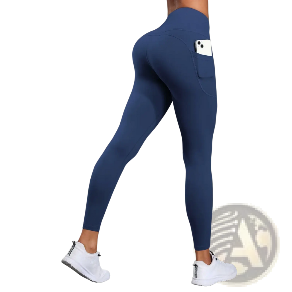 Navy blue high waist pocket yoga leggings featuring a side pocket holding a white smartphone for convenience