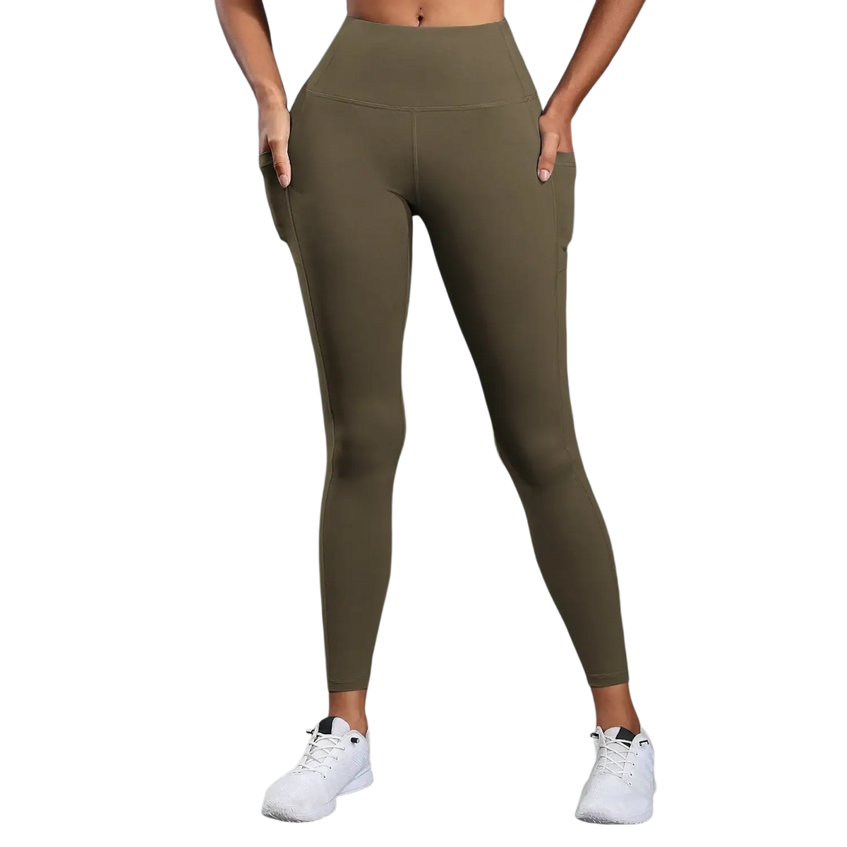 Olive green high waist yoga leggings with side pockets made from stretchy fabric for comfortable activewear use
