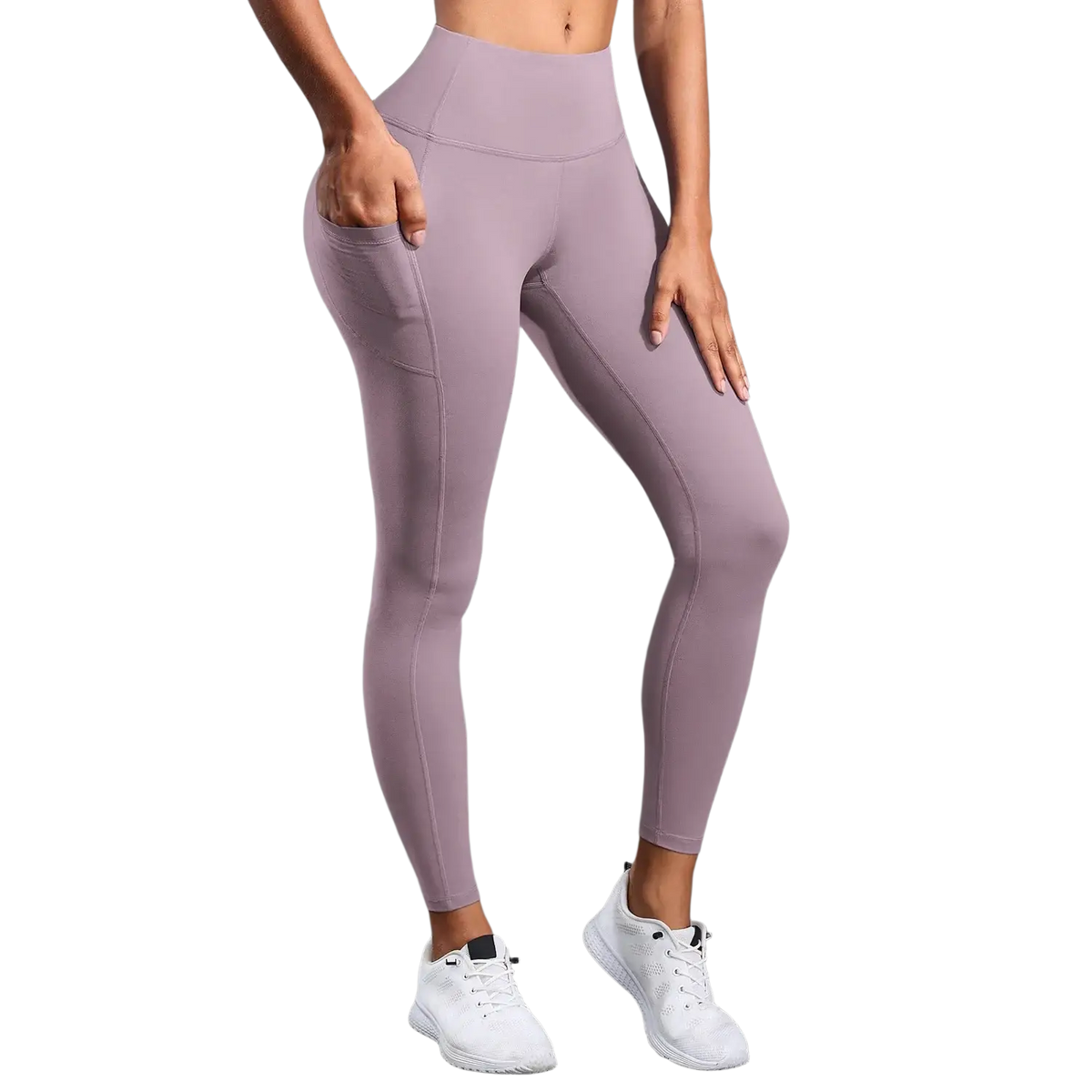 Purple high waist pocket yoga leggings made of smooth stretchy fabric featuring side pockets