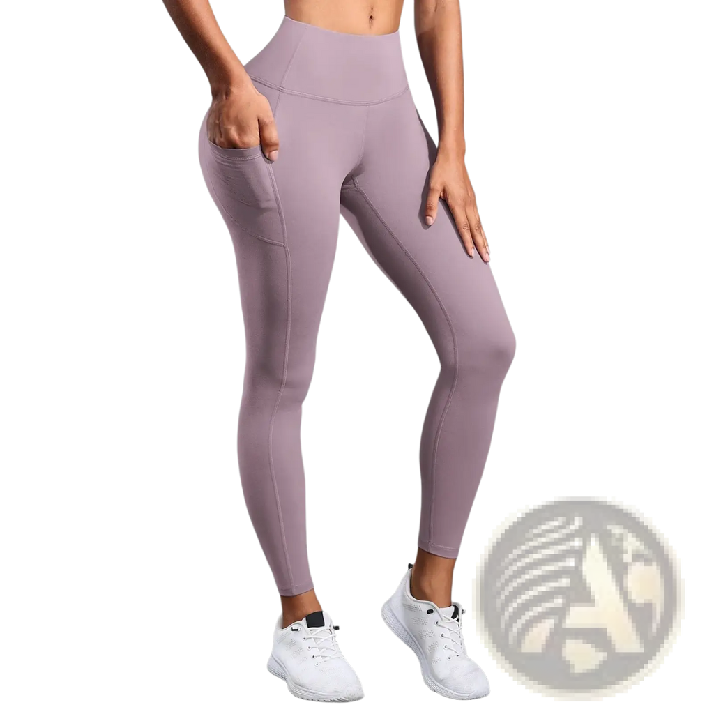 Purple high waist pocket yoga leggings made of smooth stretchy fabric featuring side pockets
