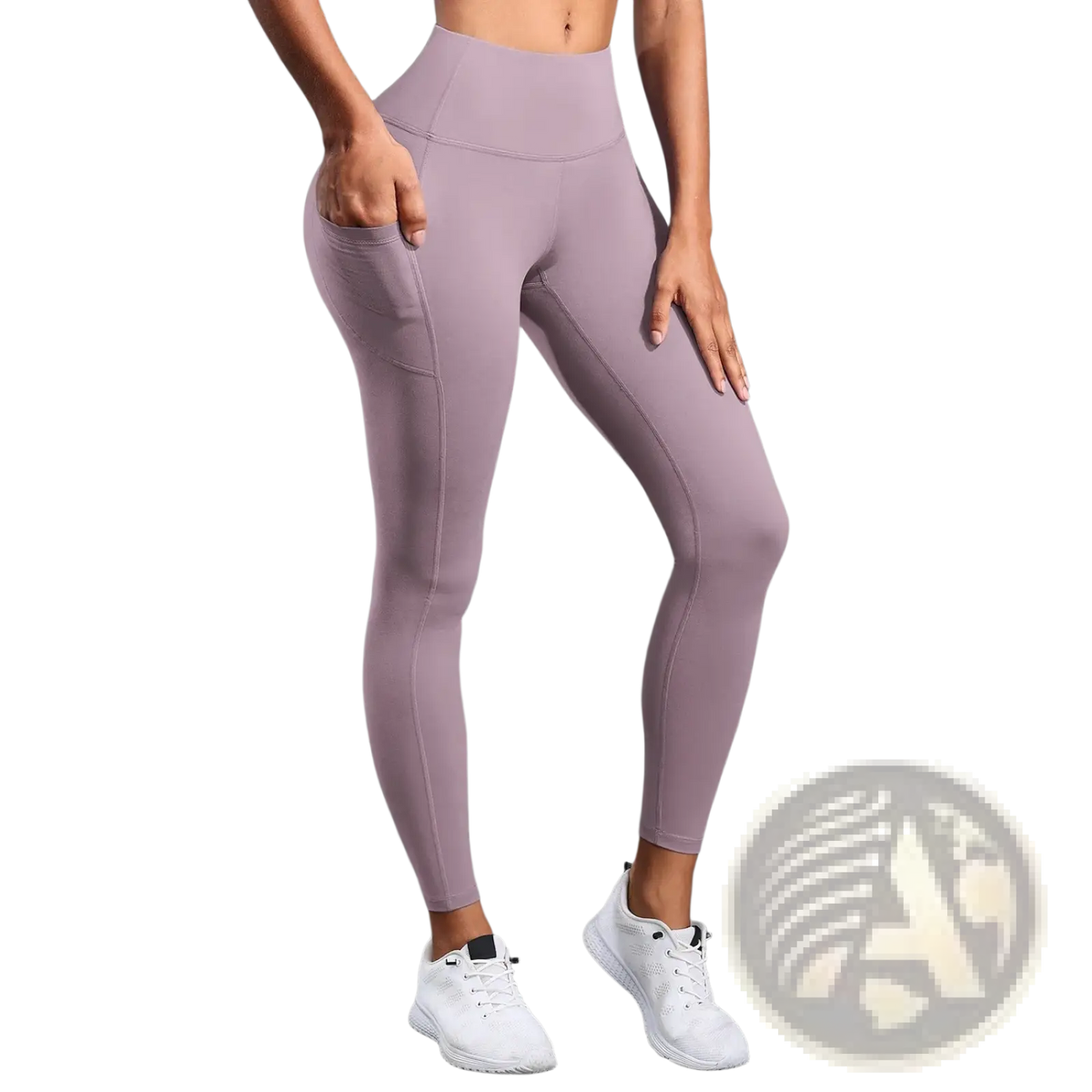 Purple high waist pocket yoga leggings made of smooth stretchy fabric featuring side pockets