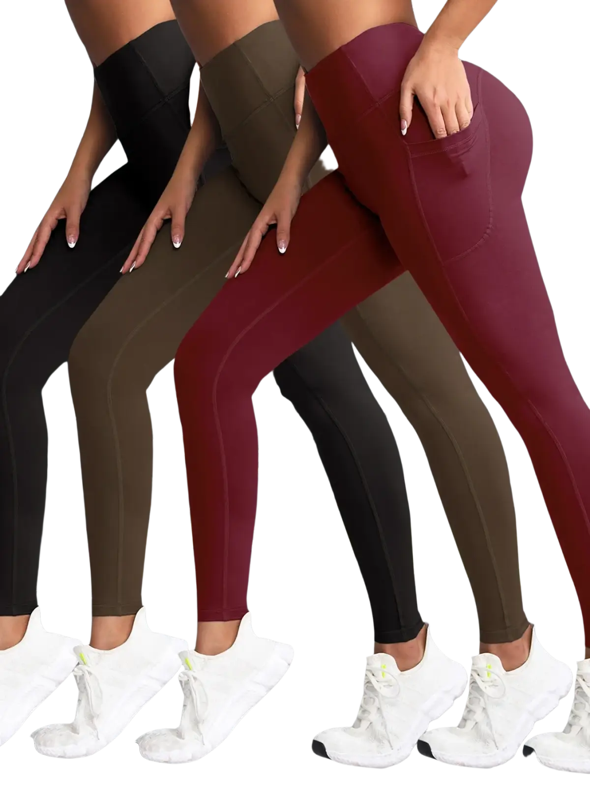 Three pairs of high waist pocket yoga leggings in black olive green and maroon worn with white athletic shoes