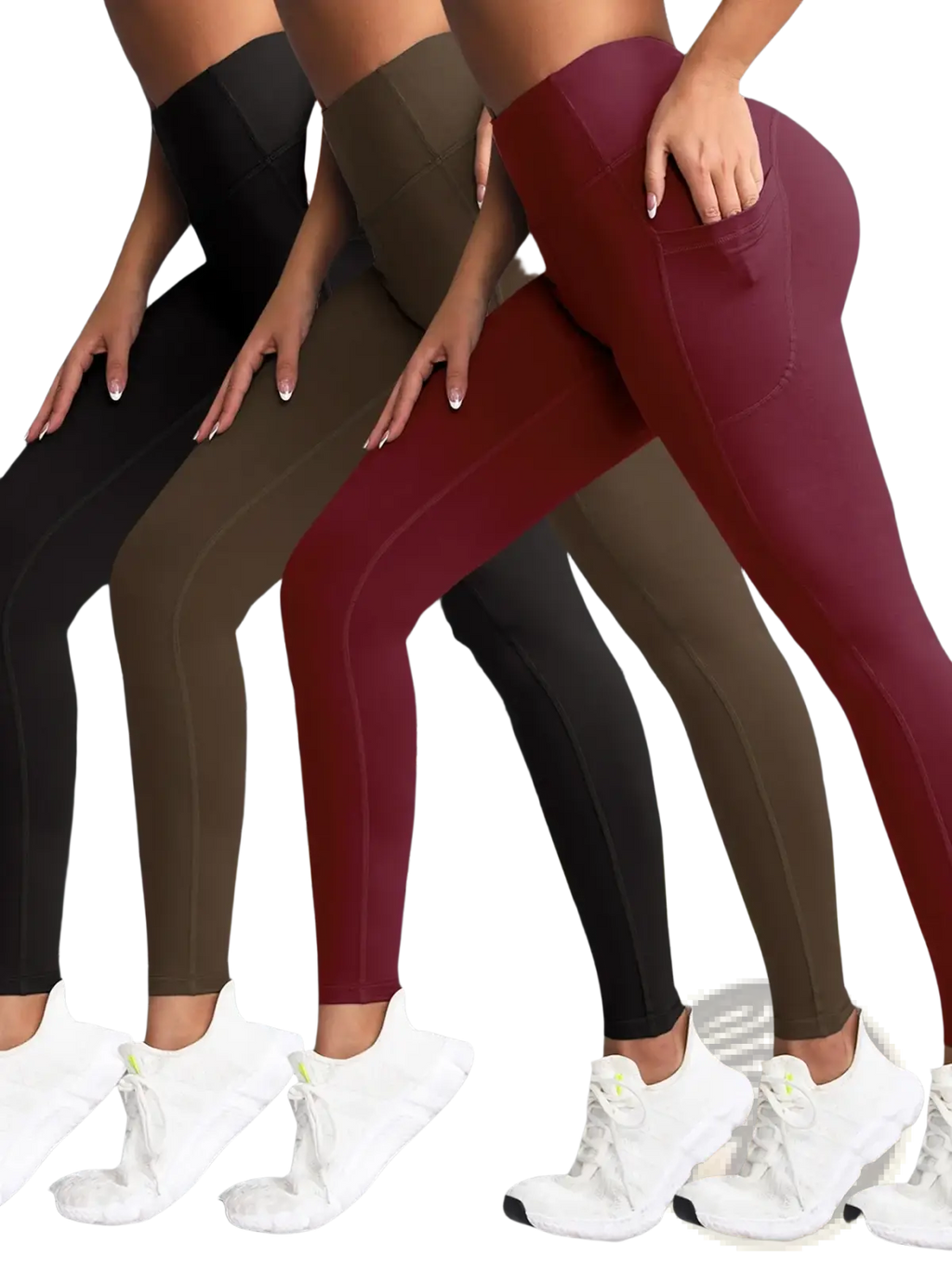 Three pairs of high waist pocket yoga leggings in black olive green and maroon worn with white athletic shoes