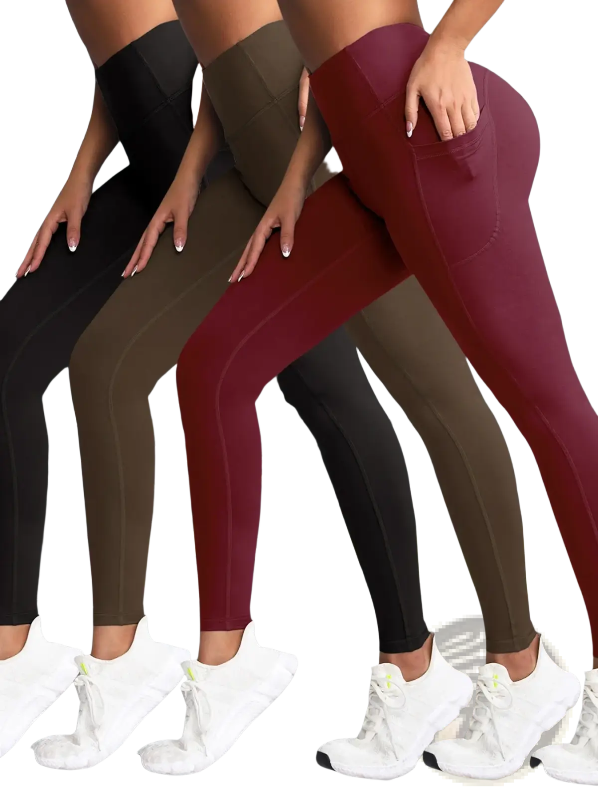 Three pairs of high waist pocket yoga leggings in black olive green and maroon worn with white athletic shoes