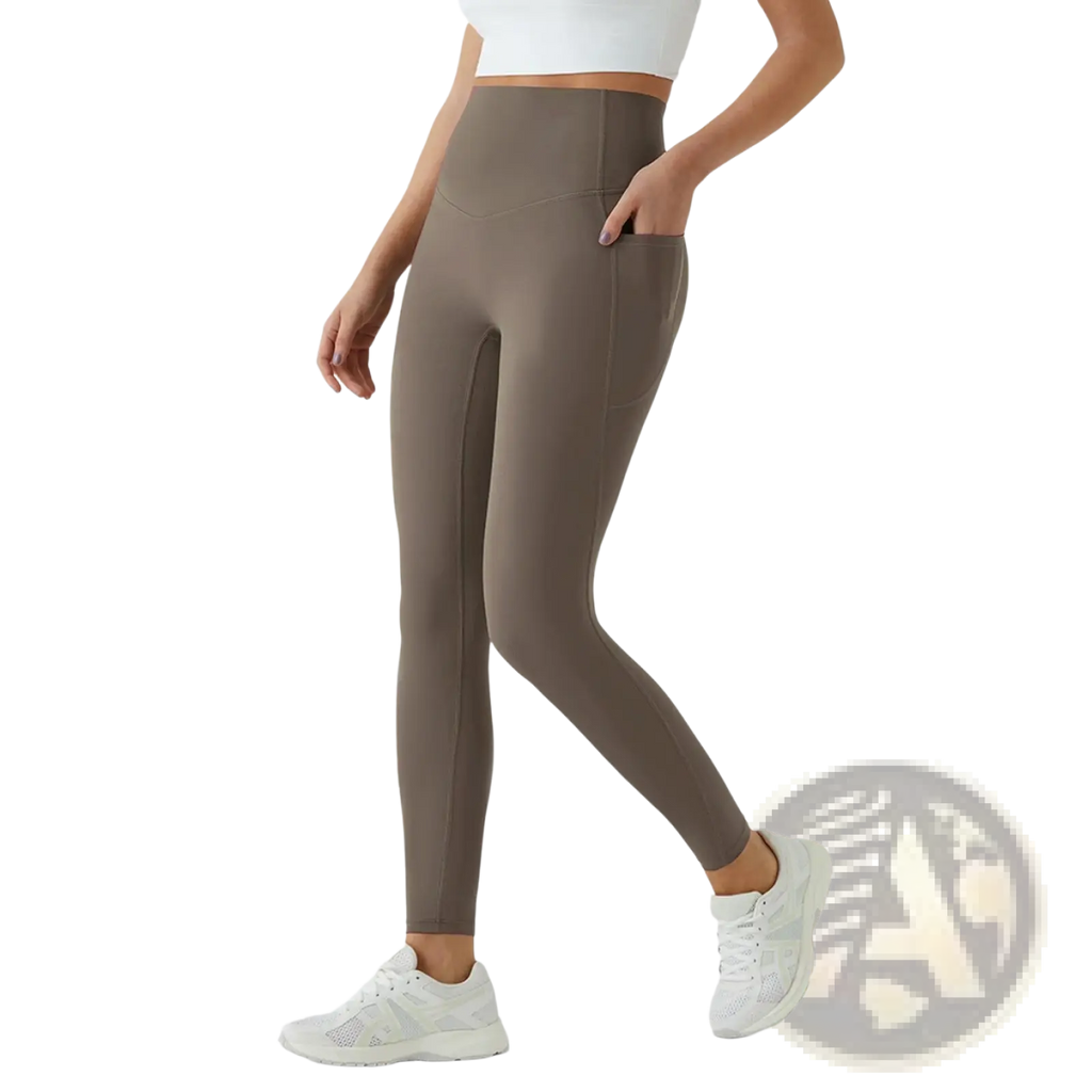 High waist pocket yoga pants in taupe with smooth stretchy fabric and side pockets for comfort and convenience