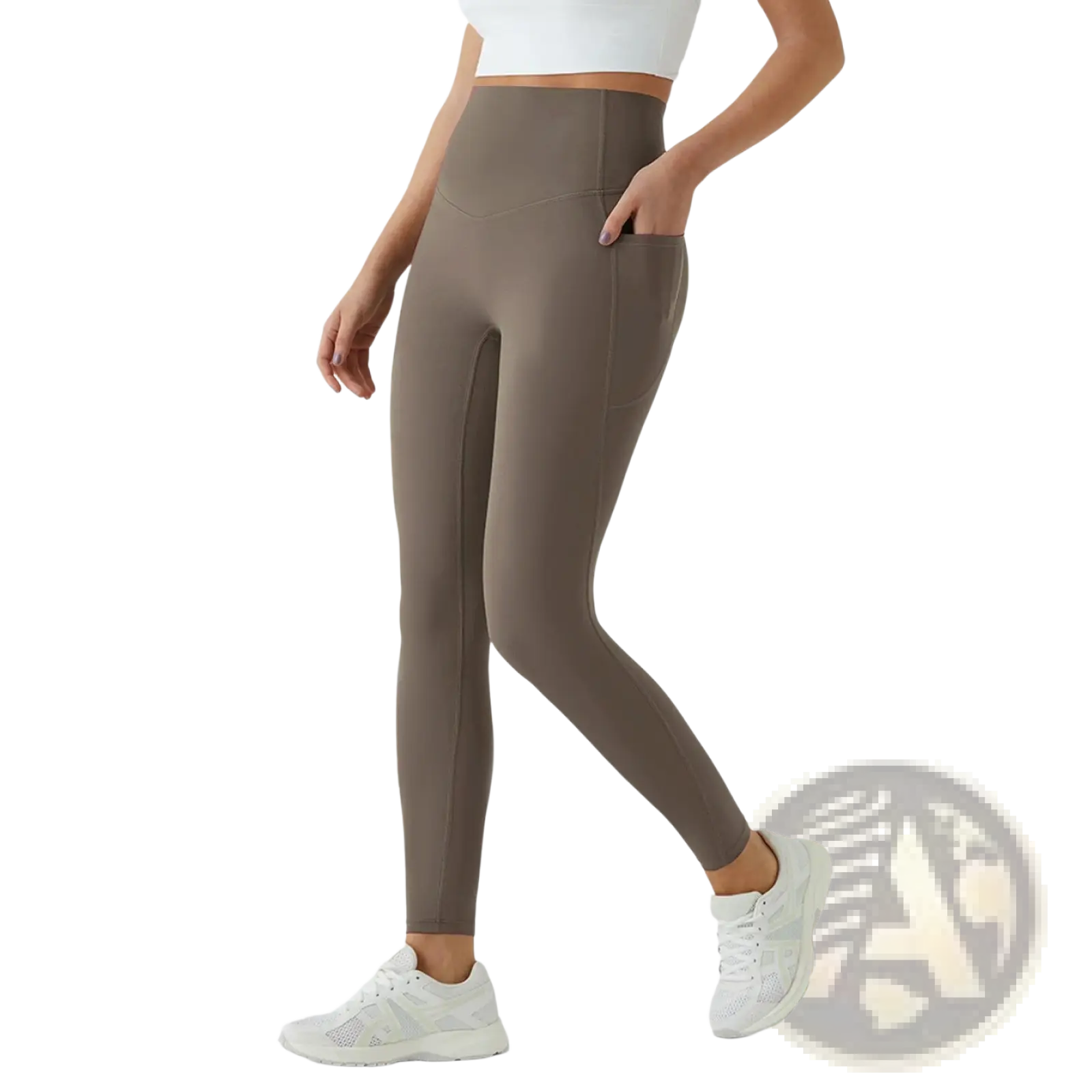 High waist pocket yoga pants in taupe with smooth stretchy fabric and side pockets for comfort and convenience