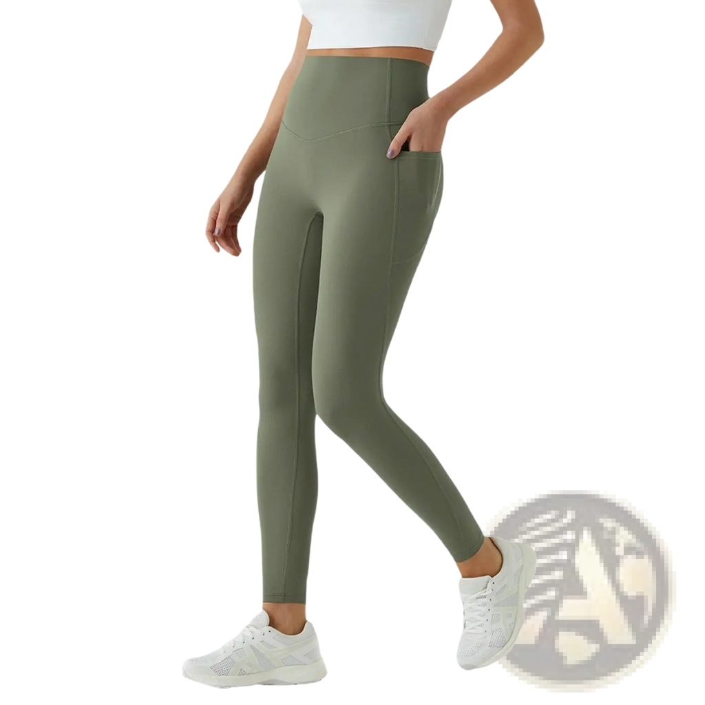 High waist olive green seamless yoga pants with side pocket designed for comfort and functionality