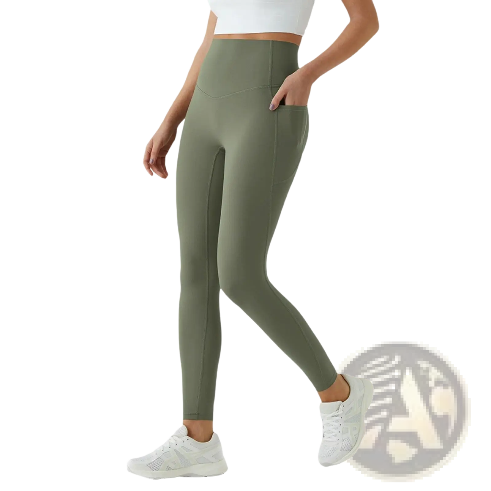 High waist olive green seamless yoga pants with side pocket designed for comfort and functionality