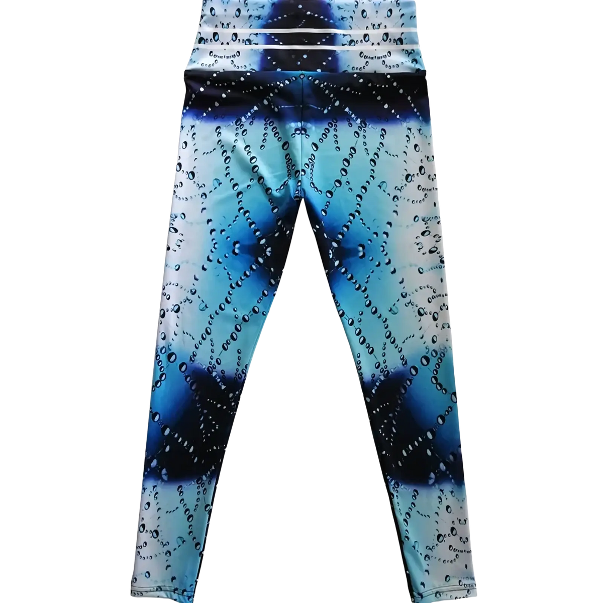 High waist printed yoga leggings in blue and white gradient with a dynamic water droplet pattern