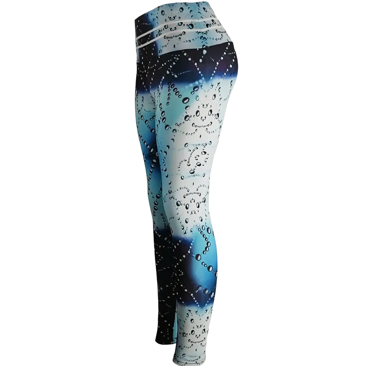 High waist printed yoga leggings in blue and white gradient with bubble pattern design for activewear use