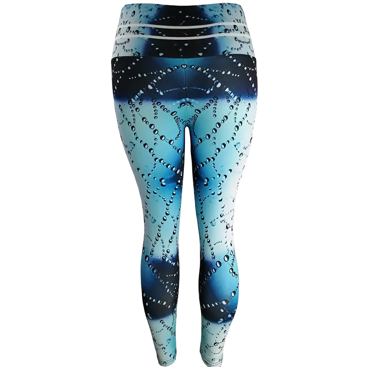 High waist printed yoga leggings in blue and white gradient with bubble pattern design for activewear use