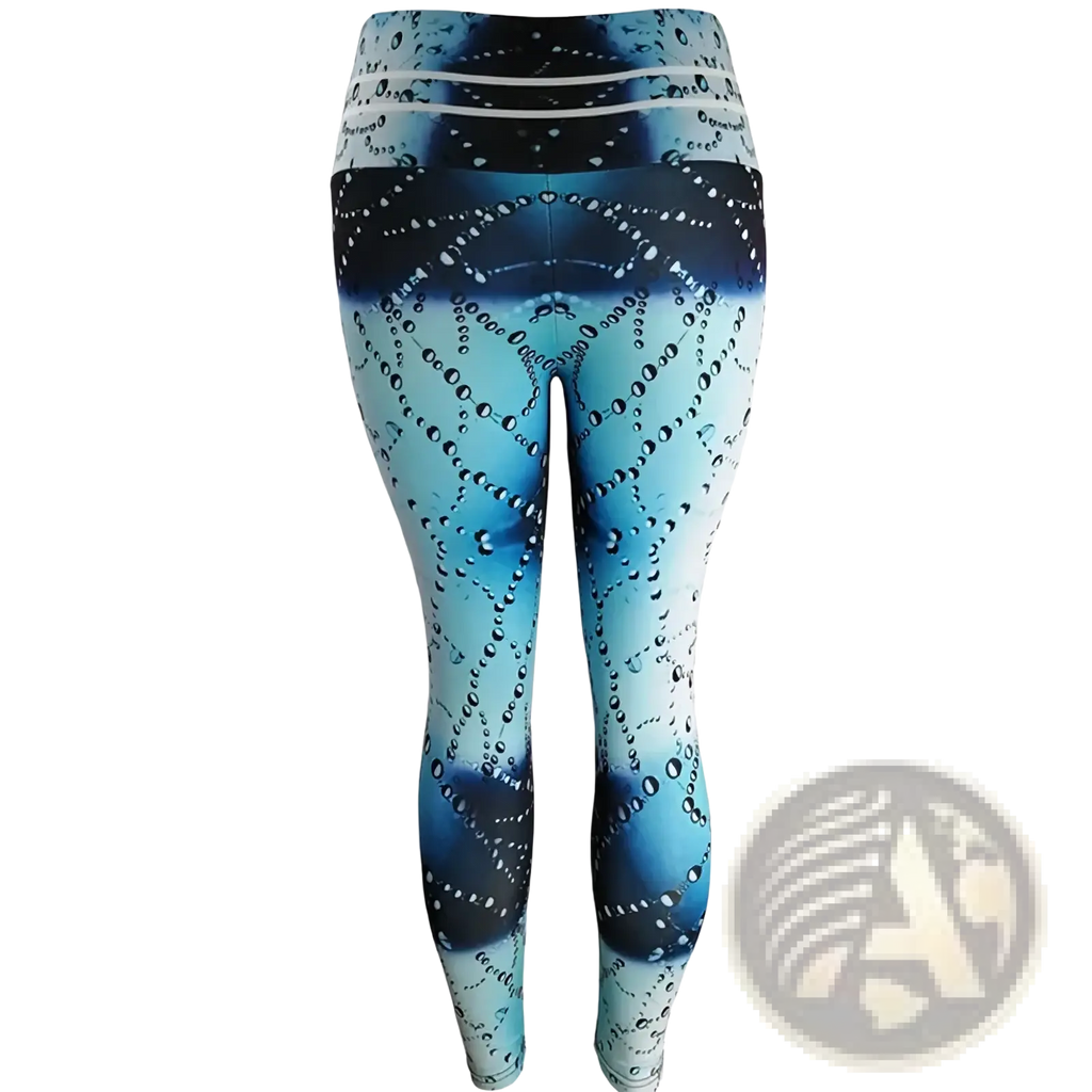 High waist printed yoga leggings in blue and white gradient with bubble pattern design for activewear use