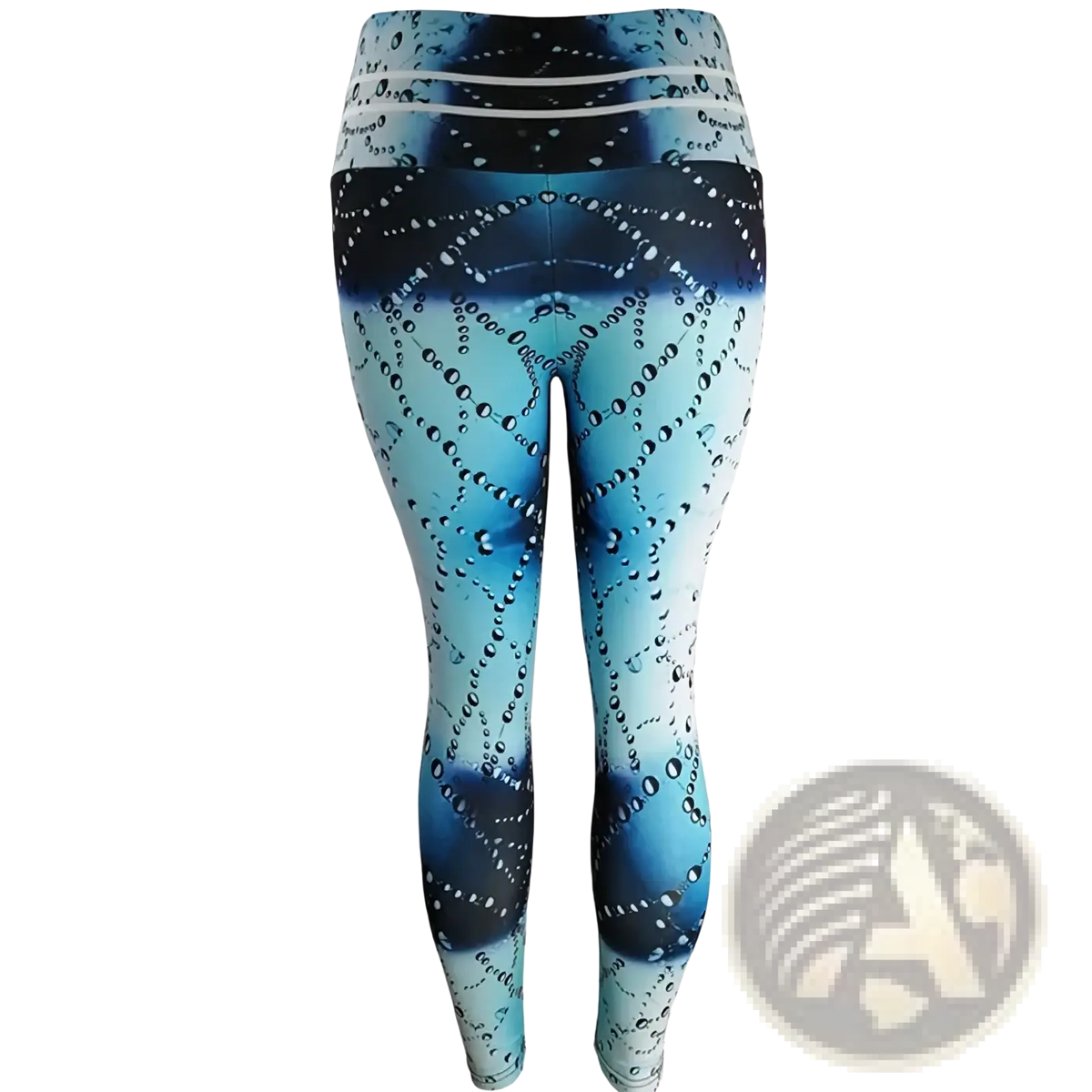 High waist printed yoga leggings in blue and white gradient with bubble pattern design for activewear use