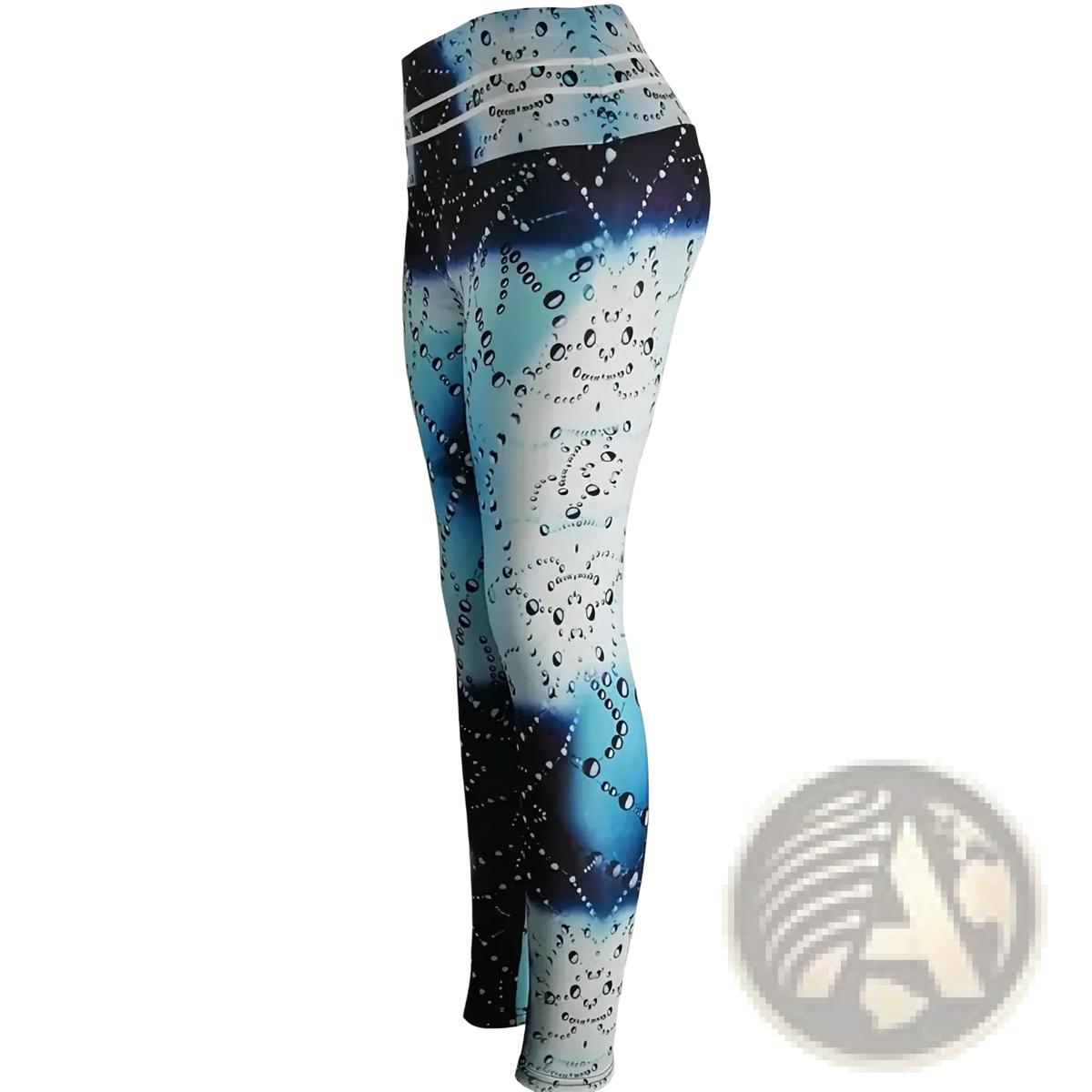 High waist printed yoga leggings in blue and white gradient with bubble pattern design for activewear use