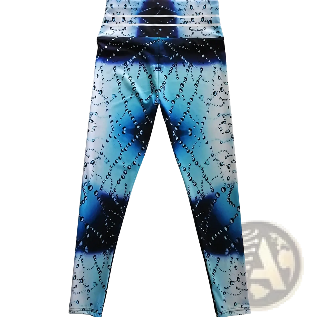 High waist printed yoga leggings in blue and white gradient with a dynamic water droplet pattern