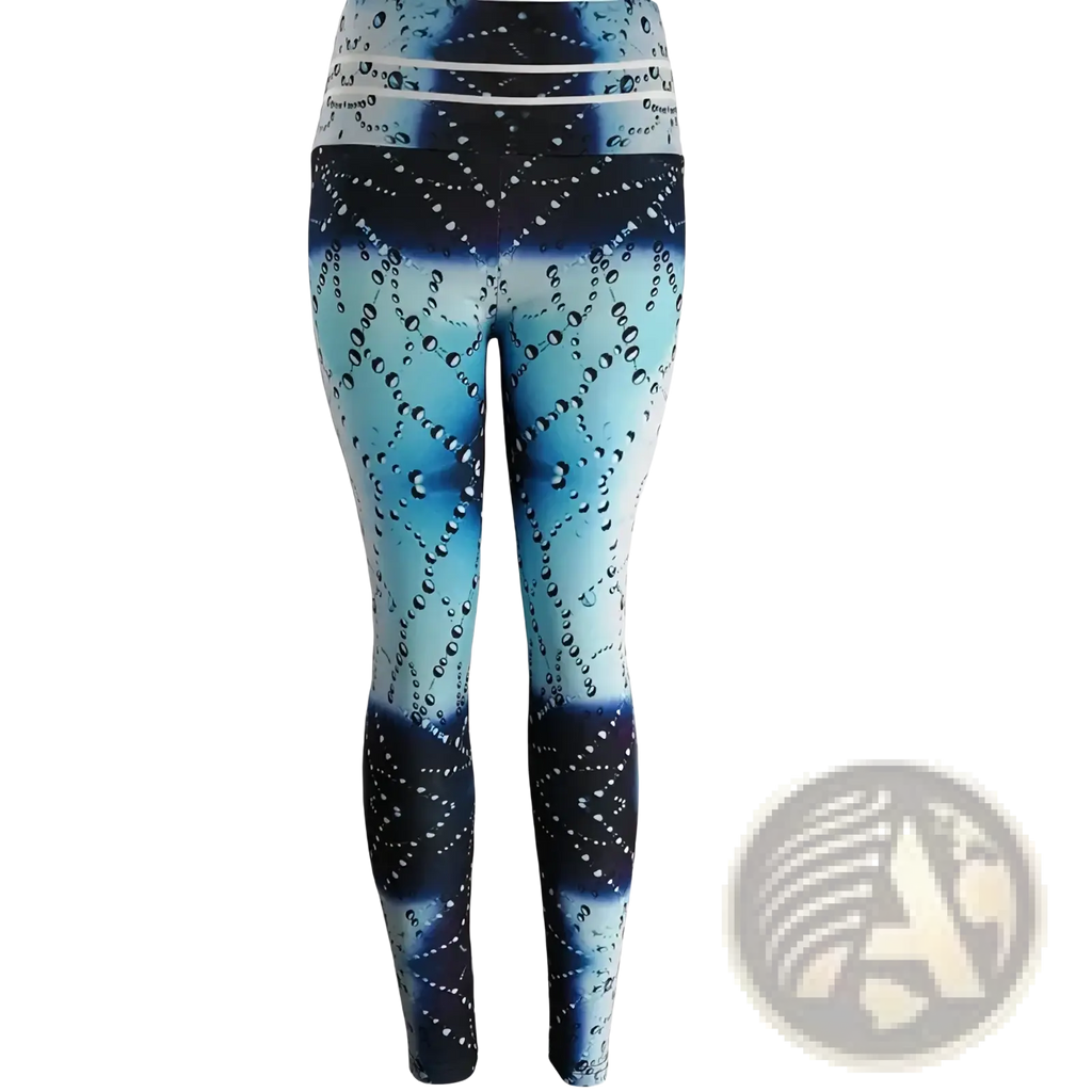 High waist printed yoga leggings in blue and white gradient featuring an interconnected bubble pattern