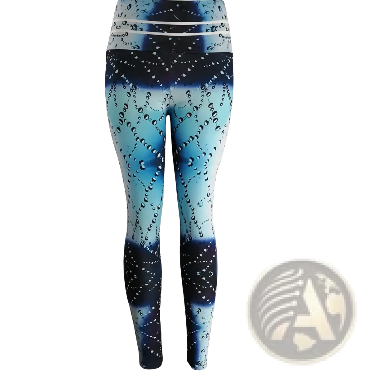 High waist printed yoga leggings in blue and white gradient featuring an interconnected bubble pattern