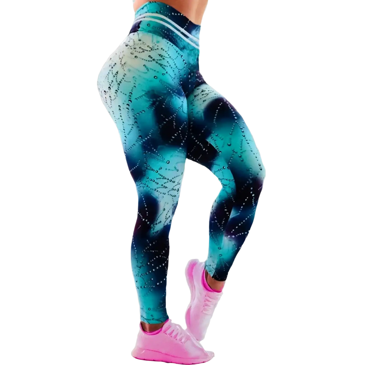 High waist printed yoga leggings in teal and black gradient with sparkling star-like embellishments shown from the back