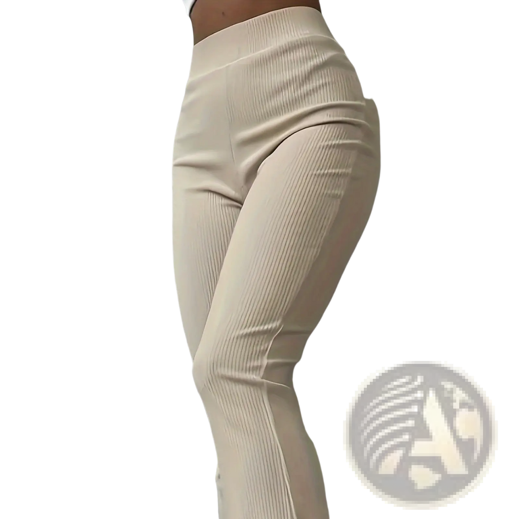 Beige ribbed high waist flare leggings with a snug form fitting design made of soft stretch fabric