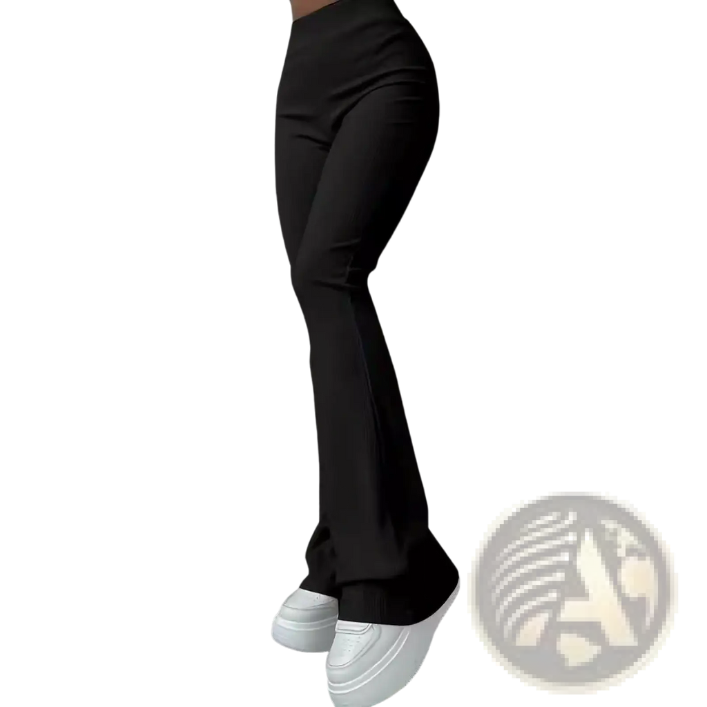 Black high waist ribbed flare leggings made of smooth stretchy fabric for a comfortable fitted look