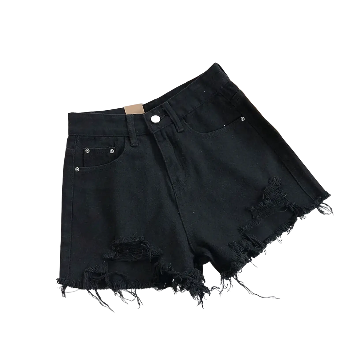 High waist ripped black denim shorts featuring frayed hem and silver button closures made from denim material