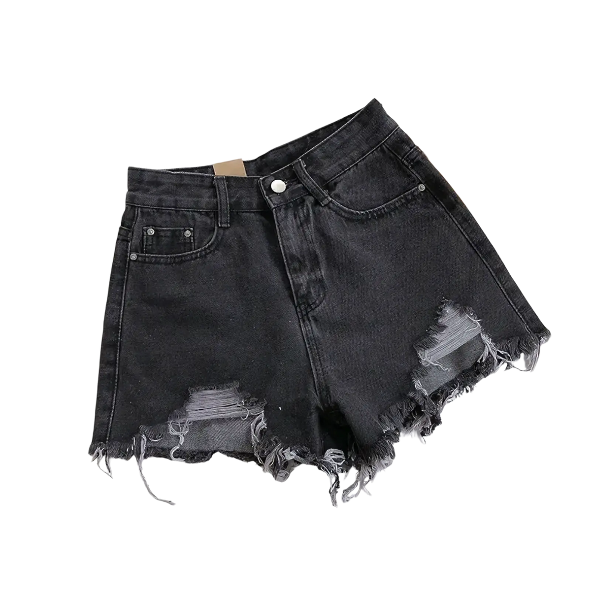Dark gray distressed high waist ripped denim shorts with frayed hem and button closure