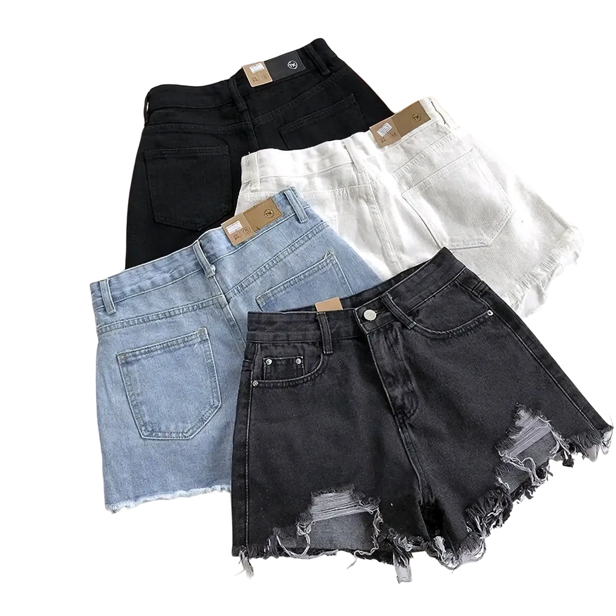 High waist ripped denim shorts in black white light blue and dark gray with frayed hems made of denim material