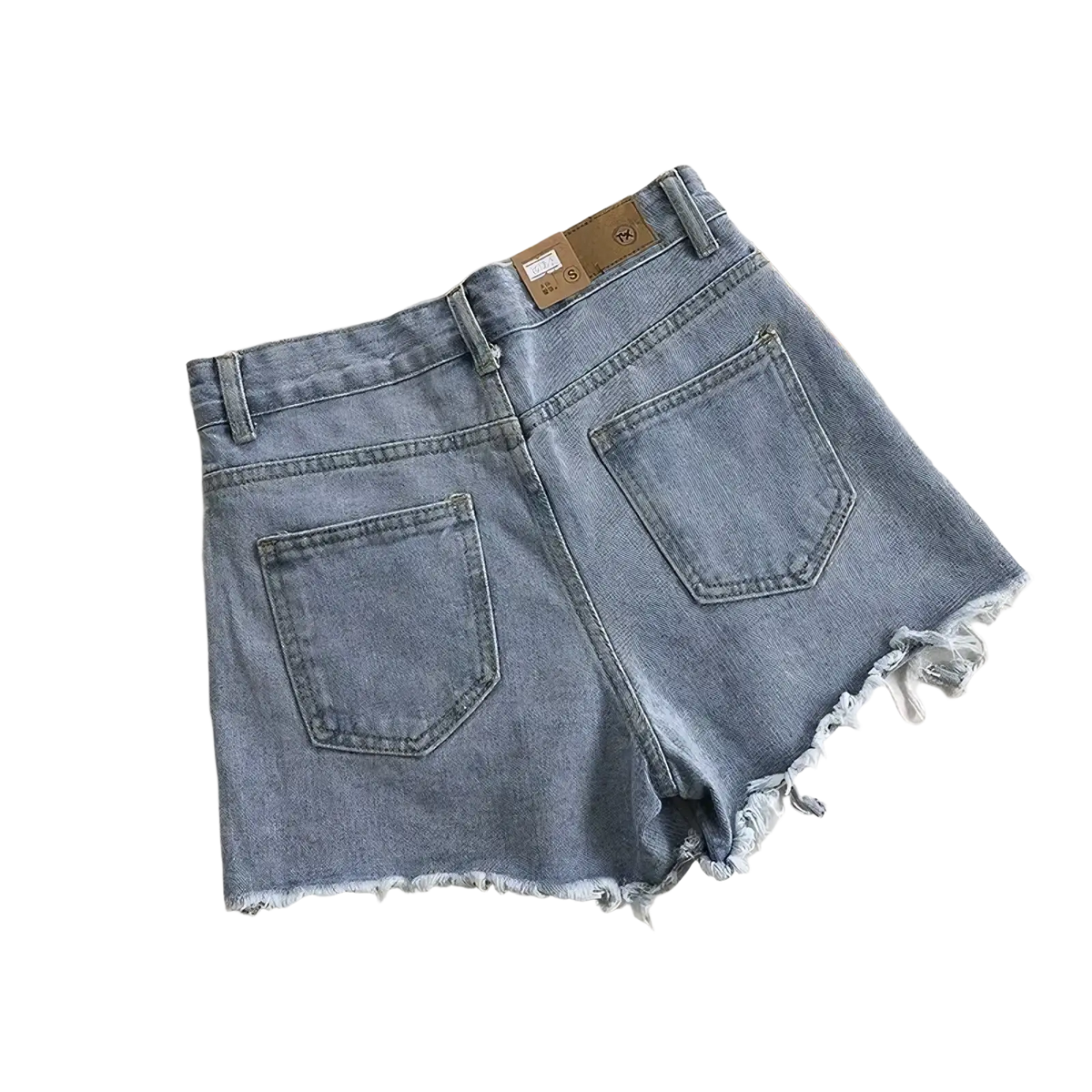 High waist ripped light-wash denim shorts with frayed hem and classic back pockets shown from the back side
