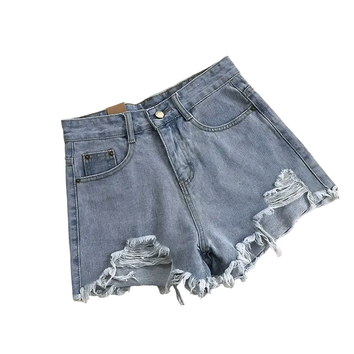 High waist ripped denim shorts in light-wash denim with frayed hems and classic five-pocket design