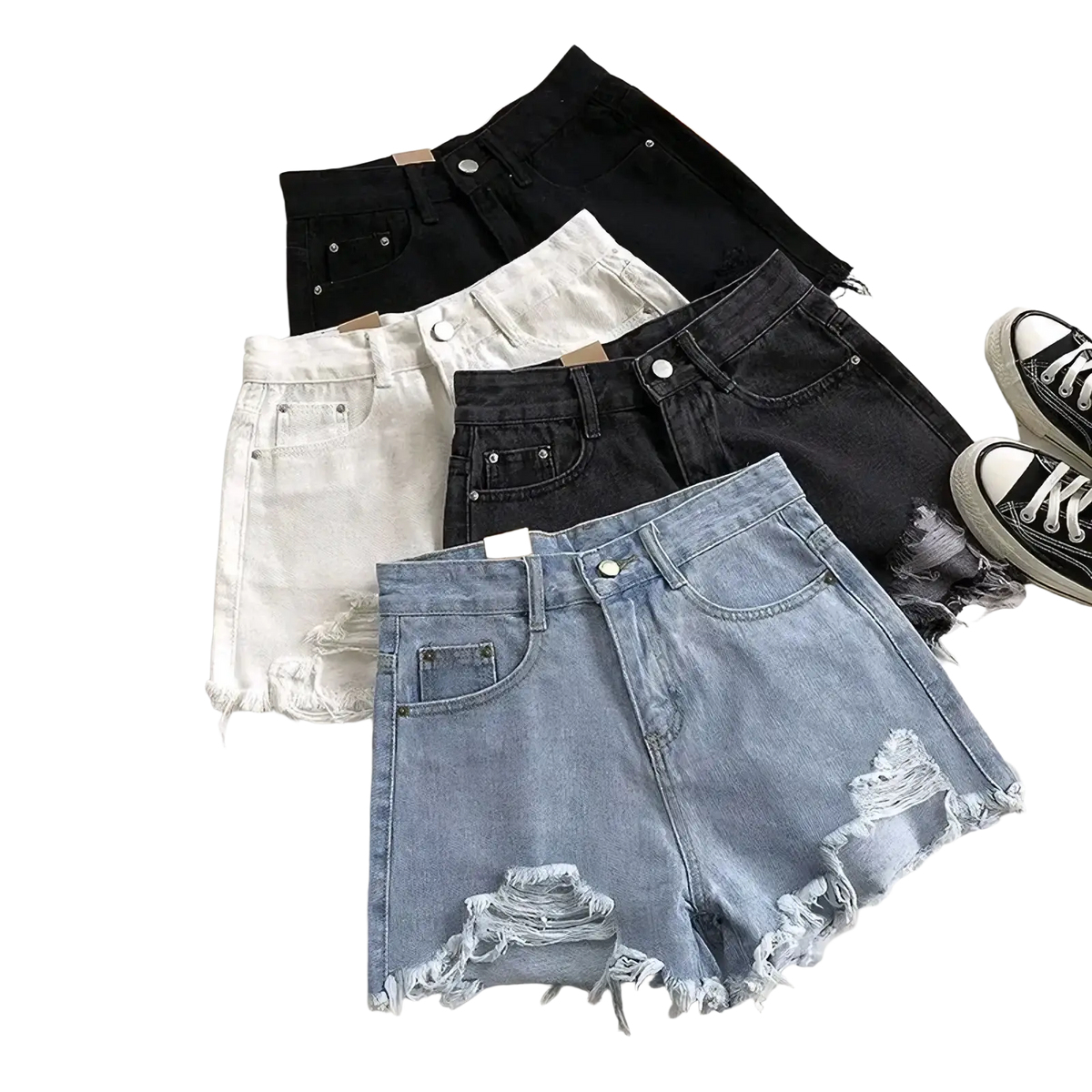 Light-wash high waist ripped denim shorts with frayed distressed hems made of cotton blend fabric