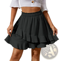 Black high waist ruffle mini skirt with pleated tiers and elastic waistband for comfortable stylish wear