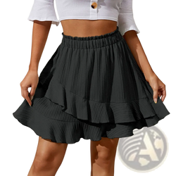 Black high waist ruffle mini skirt with pleated tiers and elastic waistband for comfortable stylish wear